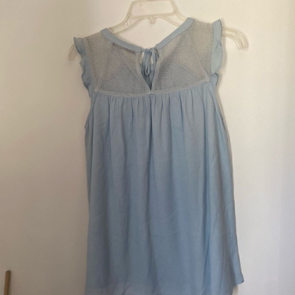 Doe & Rae Light Blue Mesh Yoke Ruffle Sleeve Top - Picture 8 of 13
